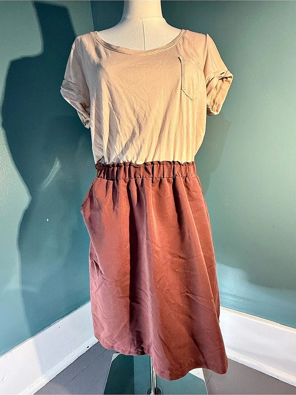 Womens H&M Beige & Mauve Colorblock Dress With Pockets- Medium